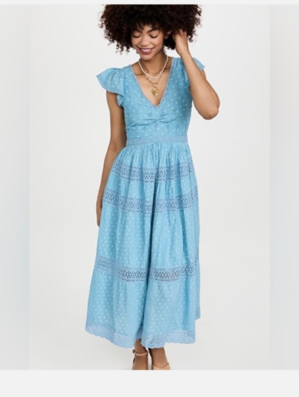 LoveShackFancy Light Blue Eyelet Midi Dress